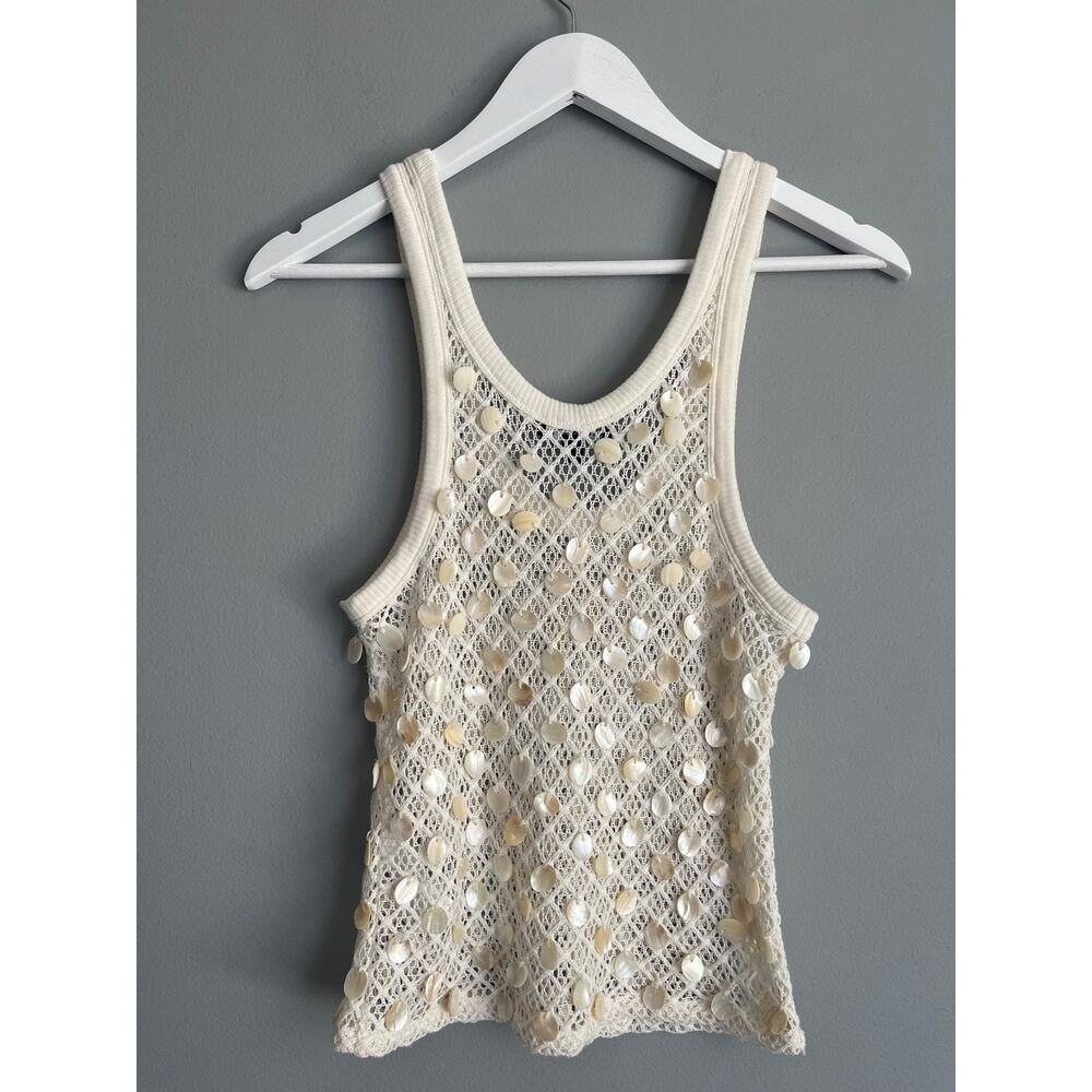 J.Crew NWT $98 Coastal Ivory Shell Embellished Open-Knit Tank Top Sz S Beach - Picture 3 of 5